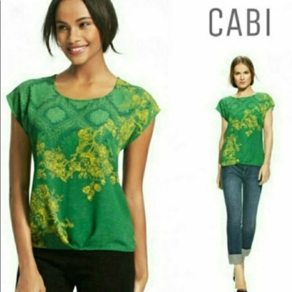 Cabi 597 Green With Envy Chiffon Semi Sheer Patterned Blouse Size XS